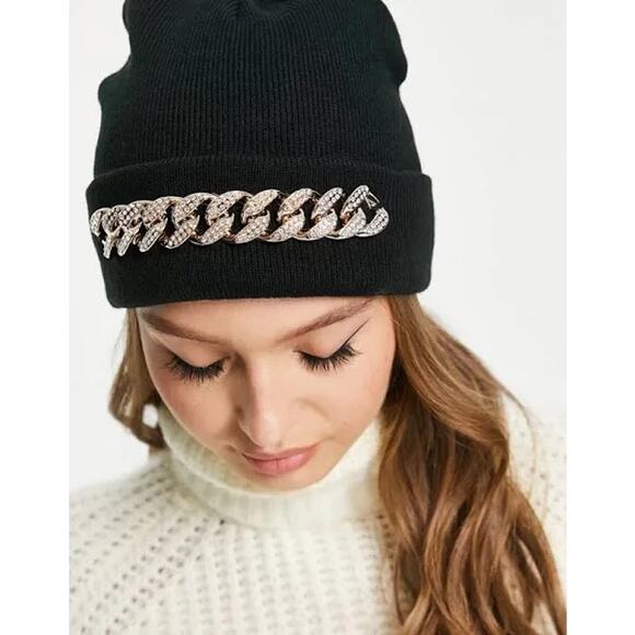 ALDO Women's Knit Beanie Hat Gold And Rhinestone Hardware - Picture 2 of 6